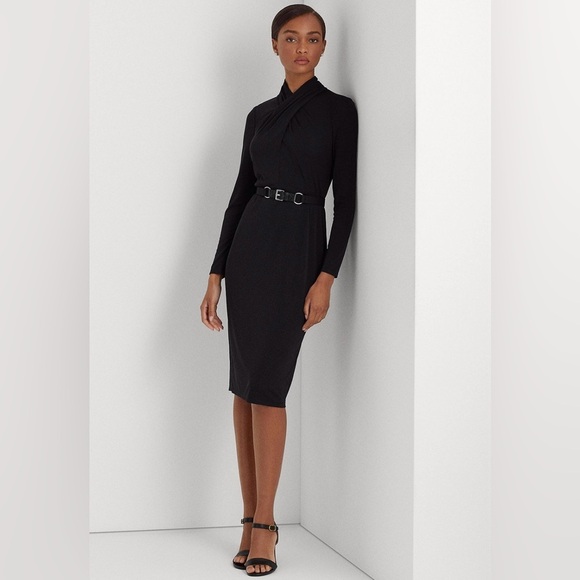 LAUREN RL Black Label Black long sleeve twist neck belted sheath dress size 16 - Picture 3 of 16